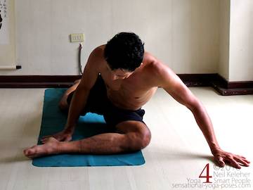 Prone Yoga Poses, pigeon pose with shin parallel to front of mat, Neil Keleher, Sensational Yoga Poses