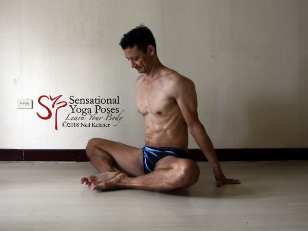 Bound angle pose with feet turned upwards with the aid of tibialis posterior. Neil Keleher. Sensational Yoga Poses.