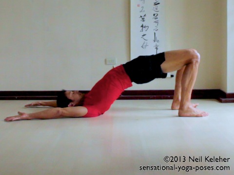 bridge yoga pose, back bending yoga poses, leg strenghtening yoga poses, energizing poses, yoga postures, spinal back bends, neil keleher