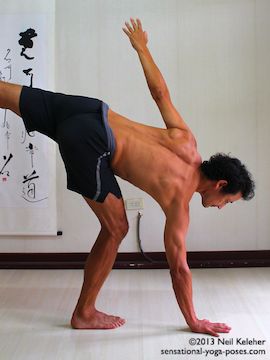 Touching the hand to the floor in half moon pose by bending the standing leg knee. Neil Keleher, Sensational Yoga Poses.