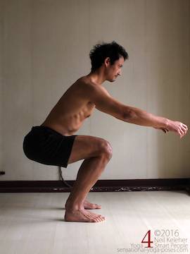 Learning to do deep squats (without weight), thighs horizontal and spine neutral, Neil Keleher, sensational yoga poses.