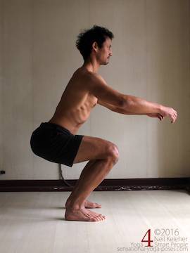 Learning to do deep squats (without weight), thighs horizontal and  spine bent backwards, Neil Keleher, sensational yoga poses.