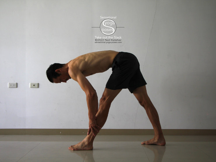 Modified Reverse prayer pose with the hands free. One leg is forward, the other leg is back with both feet flat on the floor and both knees straight. The spine is lengthened and the hands are on the front shin. Neil Keleher, Sensational Yoga Poses.