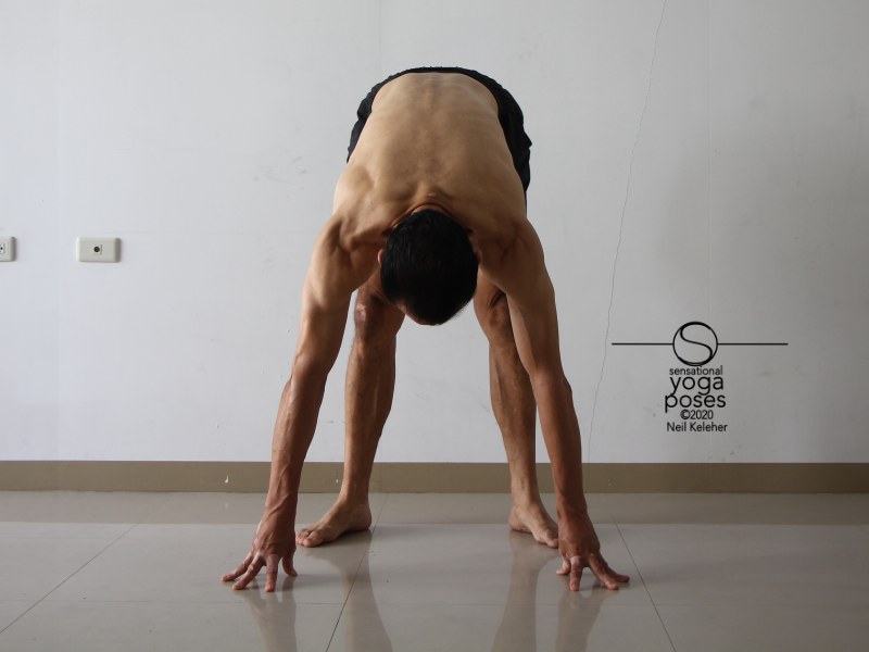 Standing forward bend with feet turned out. Neil Keleher, Sensational Yoga Poses.