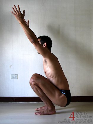 Knee strengthening exercises: deep squat, activate your knees and then relax them. Neil Keleher, sensational yoga poses.