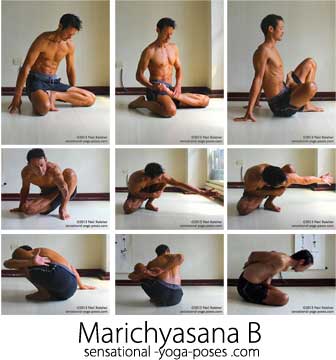 marichyasana b prep with lotus foot in janusirsasana c position, baradhvajasana position pulling foot into lotus, runners stretch variation with top leg in lotus hands on floor behind butt, reaching forwards with marichyasana arm for marichyasana b, reaching arm to side to enter marichyasana b, internally rotating arm to bind in marichyasana b, binding leg in marichyasana b, clasping fingers in marichyasana b, bending forwards in marichyasana b side view