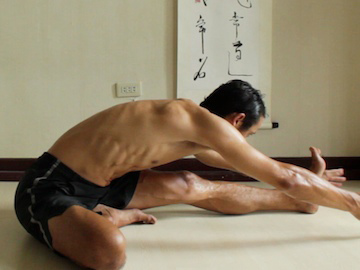 janu sirsasana A with hands reaching forwards off of the floor