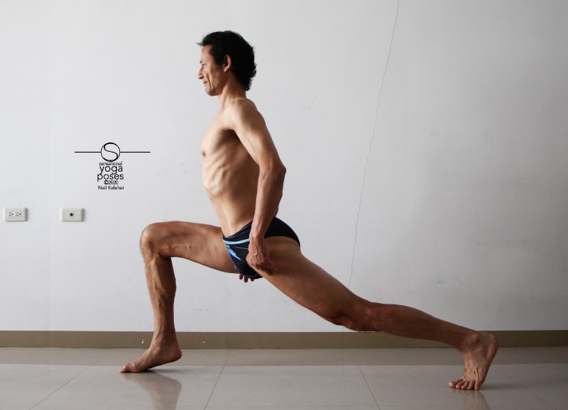 Using warrior 1 leg position with back heel lifted to stretch sartorius, gracilis and rectus femoris. Neil Keleher, Sensational Yoga Poses.