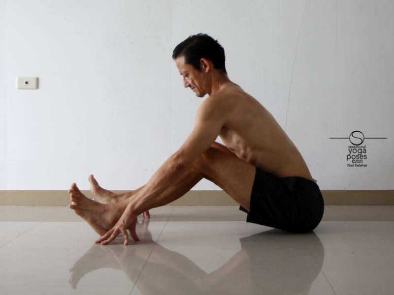 seated forward bend hamstring stretch, yoga pose prep position, knees bent