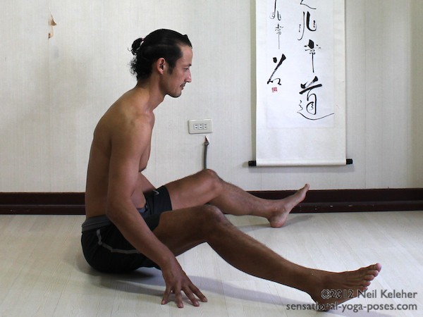upavistha konasana, seated wide leg forward bend, knees bent, yoga pose preparation