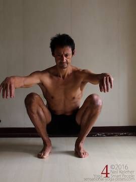Learning to do deep squats (without weight), shins rolled outwards knees apart, Neil Keleher, sensational yoga poses.