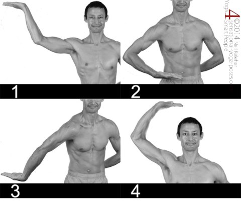 Four horizointal positions of the Dance of Shiva (with one arm).. Neil Keleher. Sensational Yoga Poses.