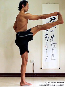 Sensational Yoga Poses, Model Neil Keleher. balancing on one leg in utthitta hasta padangusthasana with leg to the front while holding onto big toe.