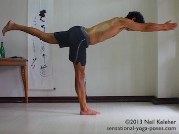 standing forward bend balancing on one leg with spine horizontal, warrior 3 with arms forwards, psoas activation
