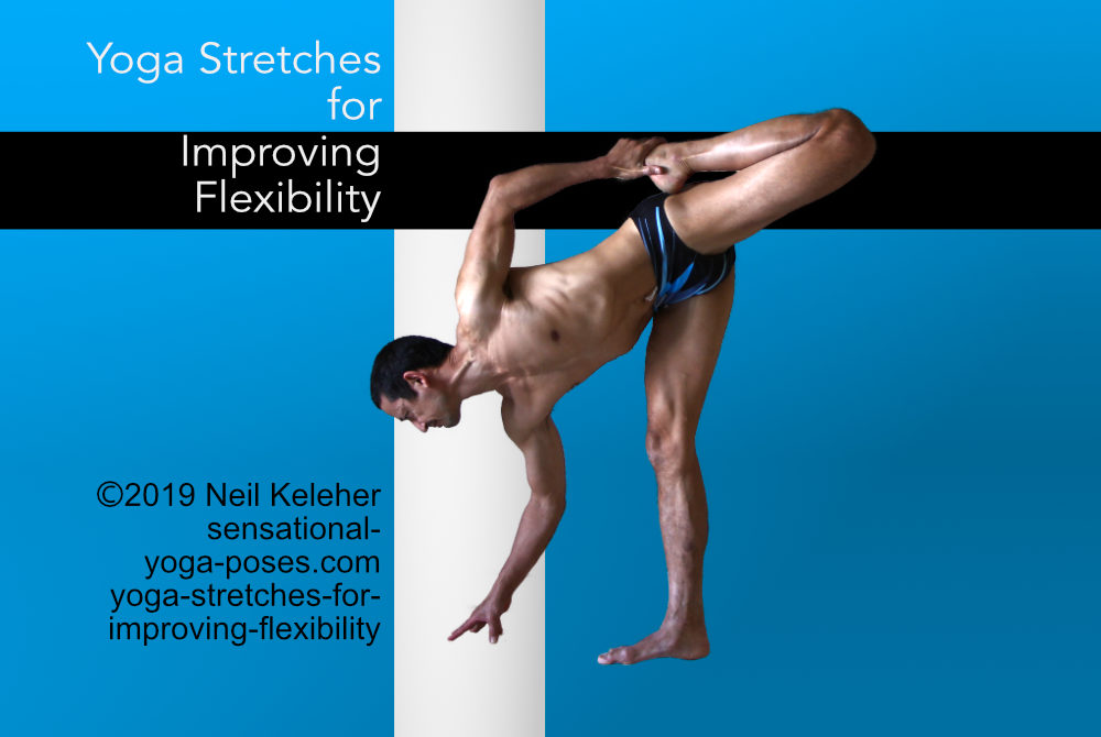 Yoga stretches for improving flexibility. Dancer Standing quad and hamstring stretch variation, Neil Keleher, Sensational Yoga Poses.