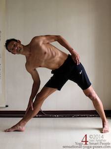 triangle pose with hand on shin. Neil Keleher. Sensational Yoga Poses.