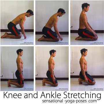 ankle stretches with tops of feet on the floor, lean forwards and slowly sit upright. Kneeling ankle stretch with toes tucked under. Lean forwards and slowly sit upright. In both cases press toes into the floor as you sit upright.