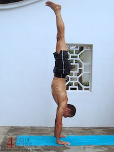 hand stand yoga pose, using serratus anterior to spread the shoulder blades with arms reaching past the head 