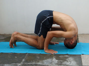 sasangasana, rabbit pose, kneeing with the head and hands on the floor, slowly roll towards the back of your head using your arms to support the weight of your body. Move slowly and smoothly. Stop when you need to. Reverse the action to come out. Neil Keleher. Sensational Yoga Poses.