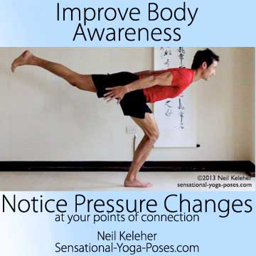 body awareness tips, improve body awareness by feeling pressure at connection points, warrior 3 yoga pose with standing knee bent