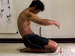 kneeling with spine bent forwards and pelvis tilted backwards  (feet together and buttocks on the heels)