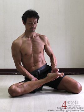 Bharadjasana, a yoga pose in which the top leg is in the lotus position. Rotation of the lower leg relative to the thigh is what makes this pose possible. Neil Keleher. Sensational Yoga Poses.