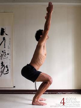 Chair pose, a squatting pose with thighs horizontal. Neil Keleher. Sensational Yoga Poses.