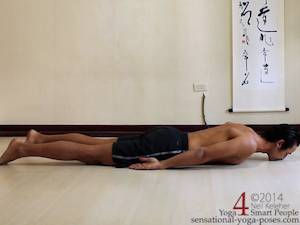 yoga poses, yoga postures, laying down with spine long and legs long, belly down laying down, shoulders lifted