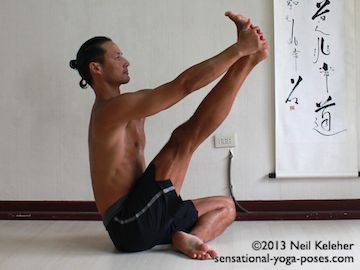 easy heron pose or compass pose prep, a hamstring stretch with both hands grabbing foor and leg lifted used as a counterpose for the lotus leg after marichyasana b
