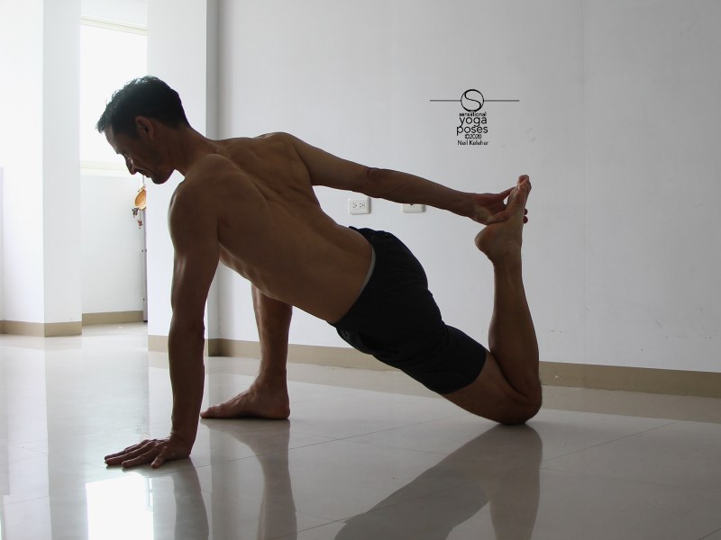 In this alternative to couch stretch you grab the back foot with the opposite hand and from there sink the hips. Neil Keleher, Sensational Yoga Poses.
