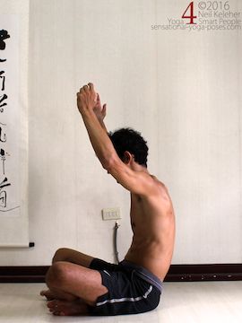 sitting cross legged, pelvis tilted back. Neil Keleher. Sensational Yoga Poses.
