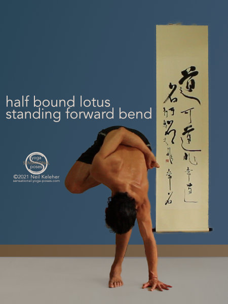 Sensational Yoga Poses, Model Neil Keleher. balancing on one leg while bend forwards with the hand grabbing the lifted ankle in this substitute for lotus pose that is similiar to the quad stretch position