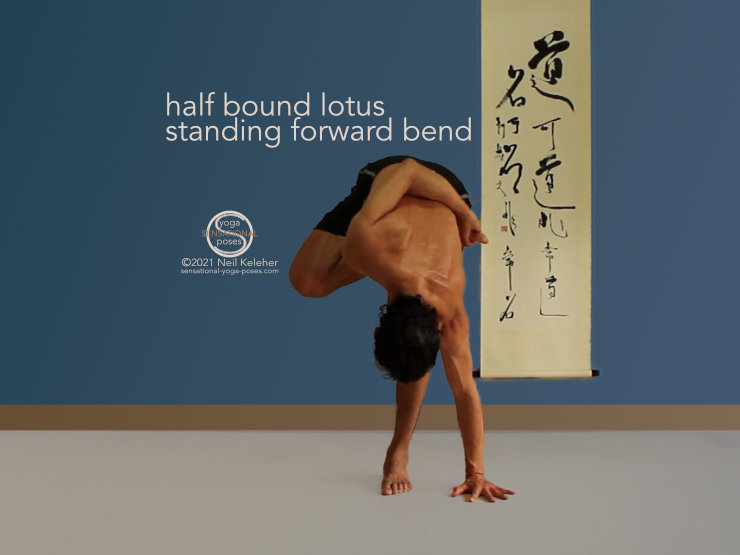 Half Bound lotus, standing forward bend. Neil Keleher, Sensational Yoga Poses.