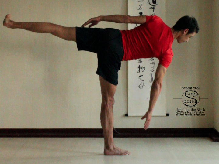 In side balance pose (half moon with the hand lifted), you can use your foot to feel your center of gravity and control it.