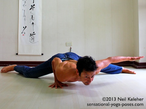 half split and half crocodile, Yoga pose arm strenghtening exercises, yoga for flexiblity, combining strength and flexiblity