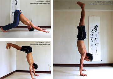 handstand progression overview, down dog with knees bend, l-shaped handstand against a wall, handstand