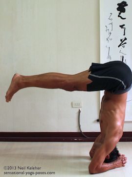 90 degree headstand. Hands are clasped behind the head with elbows shoulder width apart. Hips are over the head but slightly further back than if legs were vertical. In this picture legs are horizontal and straight. Torso is leaning back slightly so that center of gravity is over the head and elbows. Neil Keleher. Sensational Yoga Poses.