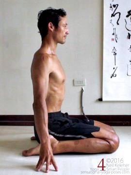 for hero pose (virasana) knee with the feet separated and let your buttocks sink down between your feet. Lengthen your spine upwards. You can rest the hands on the floor or reach your arms upwards (not shown.) Neil Keleher. Sensational Yoga Poses.