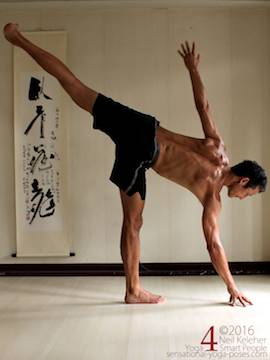 half moon pose, hand lifted, weight over foot