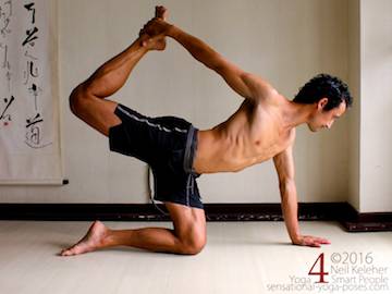 hip flexor stretches, extended cat pose variation with lifted knee bent and same side hand grabbing ankle. Neil keleher, sensational yoga poses.
