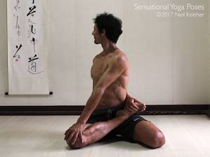 Bharadvajasana yoga pose, a twist for the spine and a stretch for the hips. Neil Keleher, Sensational Yoga Poses.