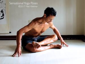 Bending Forwards in Double pigeon hip stretch. Neil Keleher, Sensational Yoga Poses.