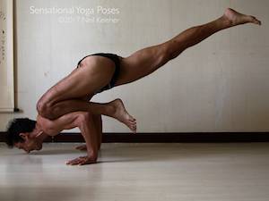 Eka pada bakasana from marichyasan a with hips low. Neil Keleher. Sensational Yoga Poses.