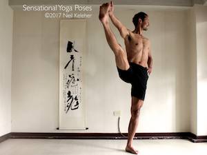 Big toe pose, utthita hasta padangusthasana. Neil Keleher, Sensational Yoga Poses.