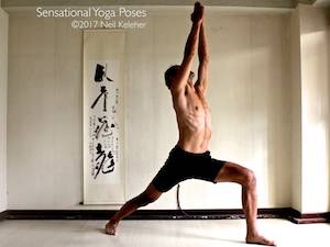 Warrior 1 or virabhadrasana. Neil Keleher, Sensational Yoga Poses.