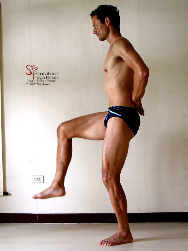 Standing Hip Flex, Knee lifted. Neil Keleher, Sensational Yoga Poses.