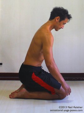 gradual quad stretch while kneeling, ankle stretch, hero pose variation, hero pose for beginners