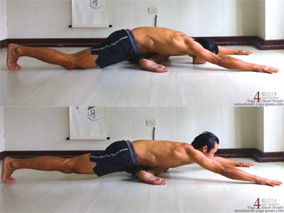 Low pigeon pose hip stretch with arms straight ahead. Top picture, relaxed with chin and back knee on the floor, toes of back foot tucked under. Bottom picture active with back knee lifted and straight and chin lifted to add weight to the hip stretch. Neil Keleher. Sensational Yoga Poses.