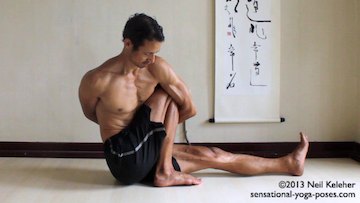marichyasana c looking towards the bind, marichyasana yoga poses, binding yoga poses, seated binding yoga poses, marichyasana type poses