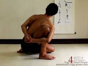 kneeling marichyasana variation with spinal twist.